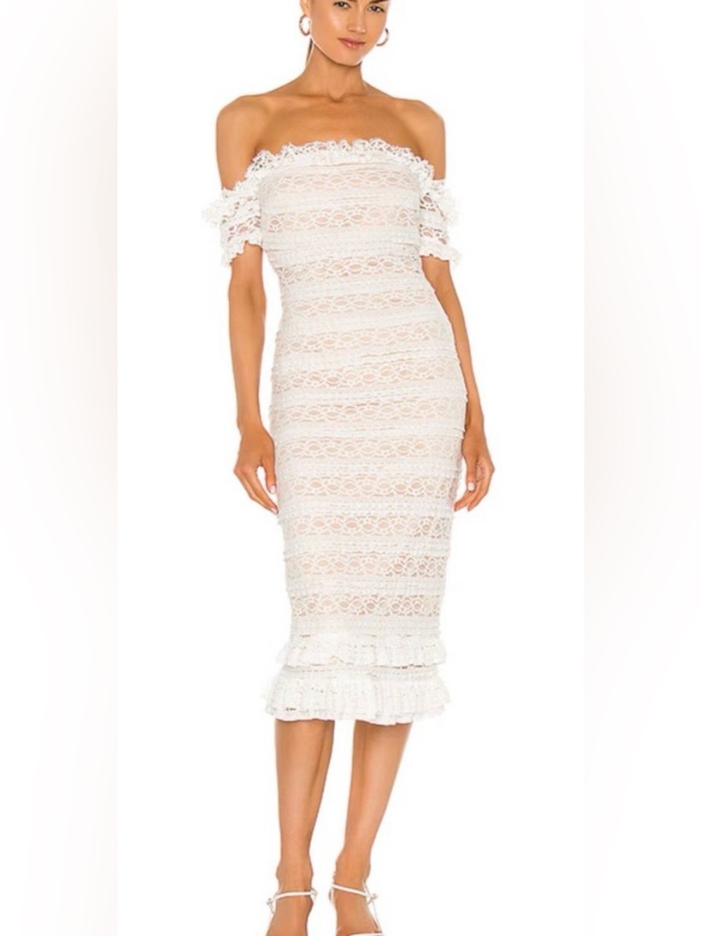 REVOLVE Likely White Off-Shoulder Lace Ruffle Midi Dress